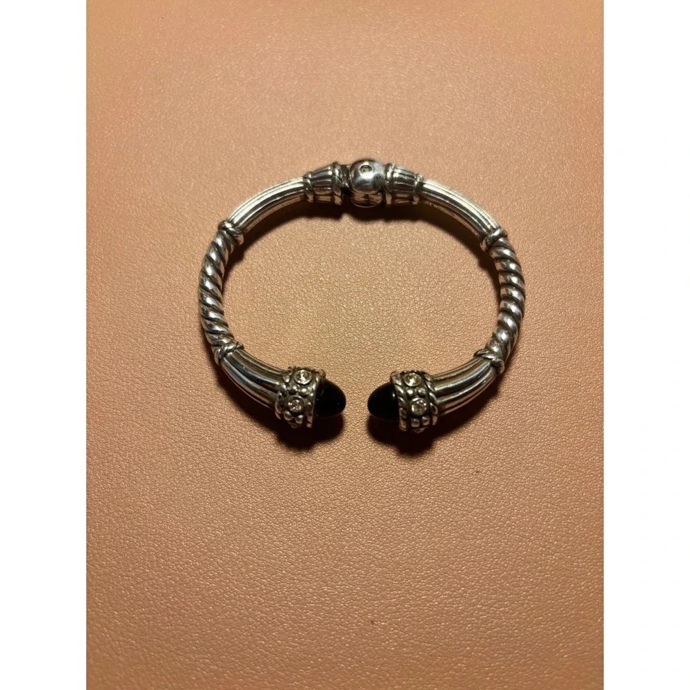 Silver Tone Cable Cuff Bracelet Black Cabochon Rhinestone Hinged Twisted Rope